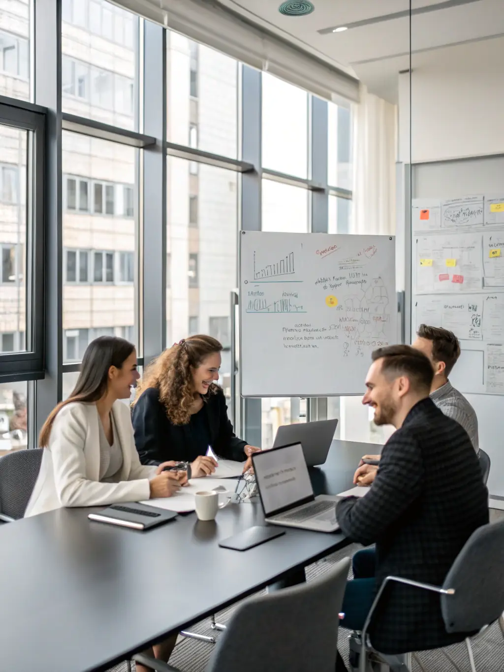 A professional photo of a team brainstorming digital marketing strategies in a modern office setting, emphasizing collaboration and innovation.