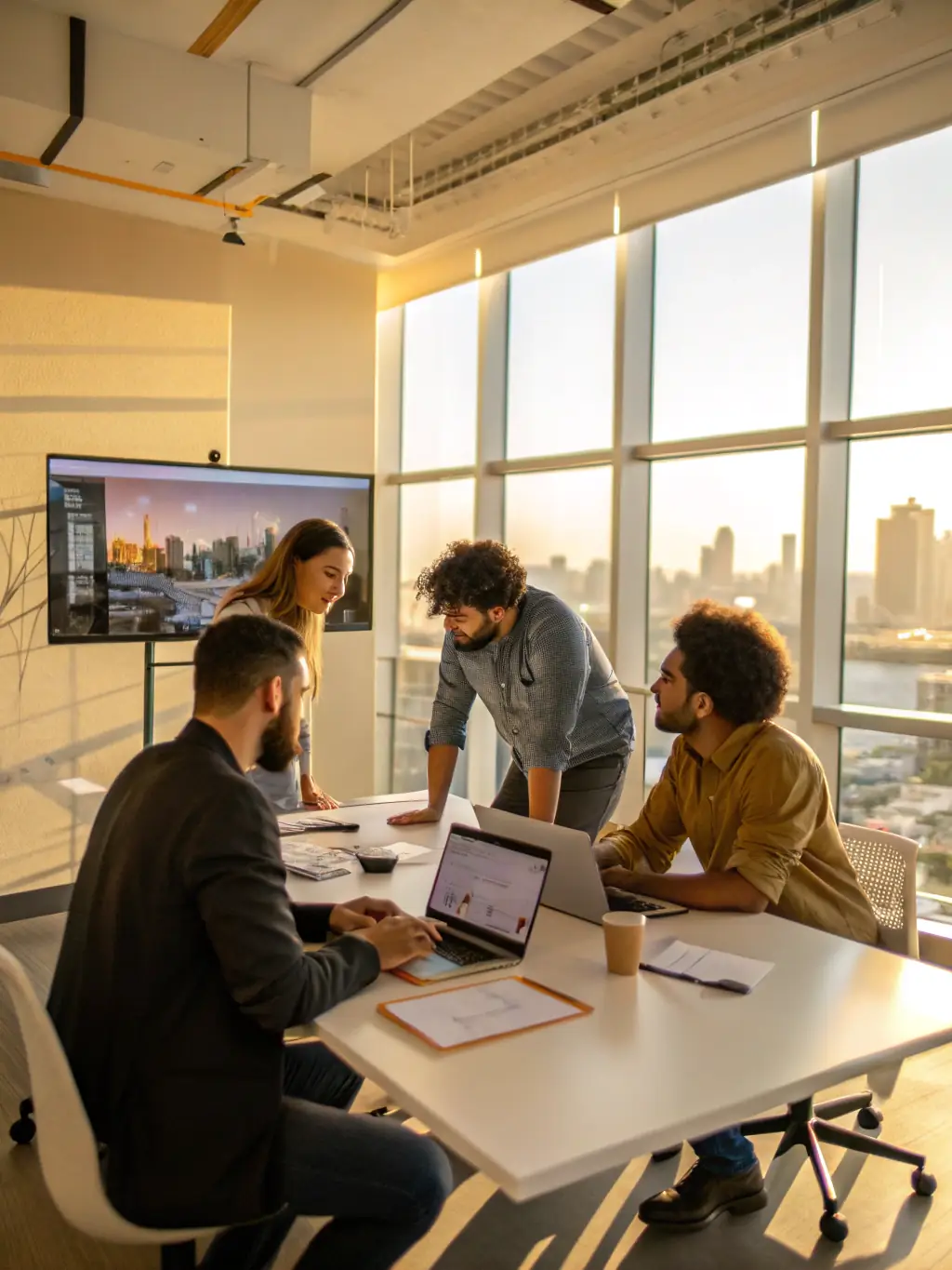 A professional workspace with a team collaborating on digital marketing strategies, showcasing Sambi's expertise in digital strategy development.